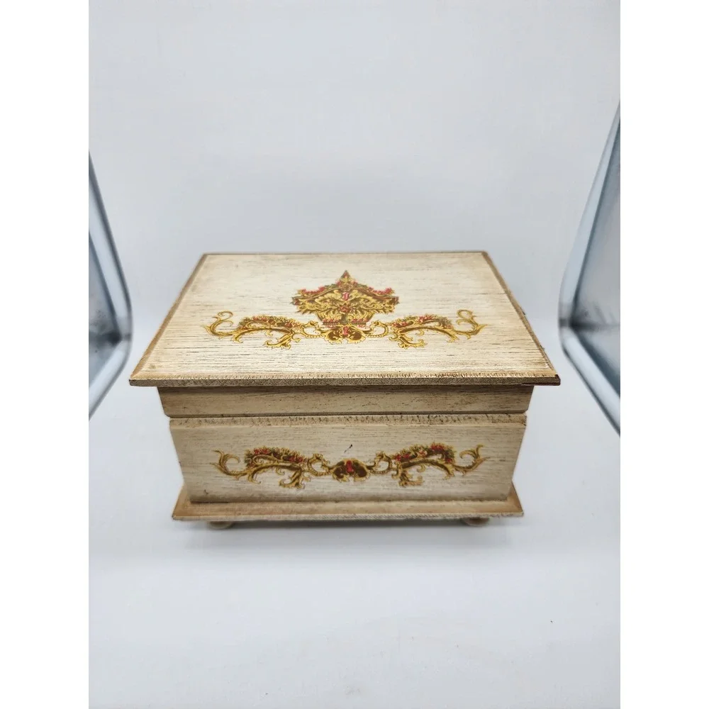 Vintage Japan Wooden Jewelry Music Box White Gold Floral Footed Mirror Lining
